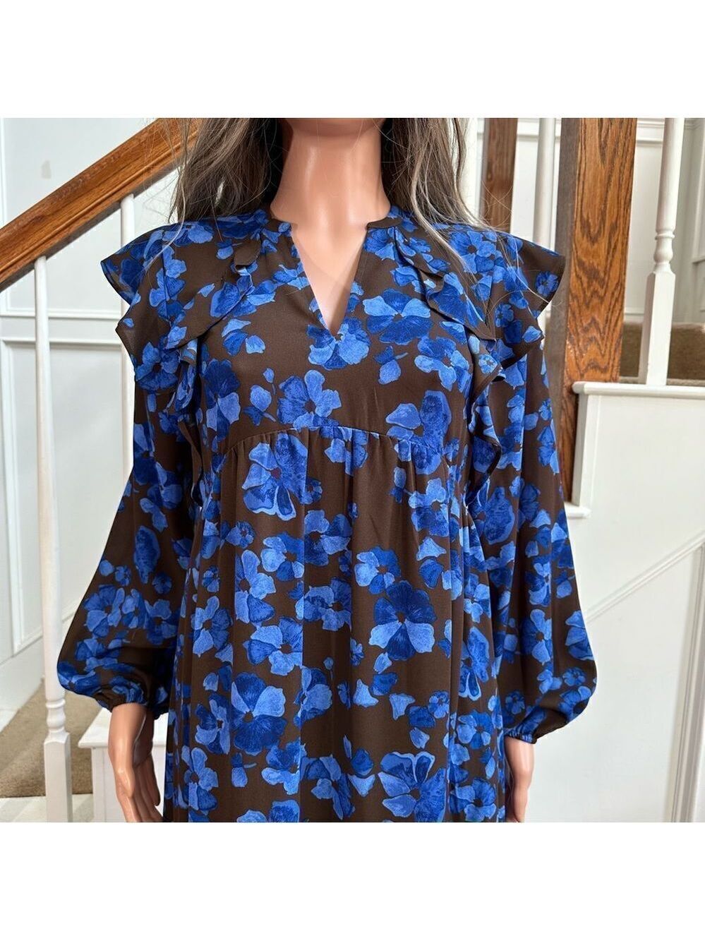 Adorable brown blue floral peasant midi dress - Picture 2 of 12
